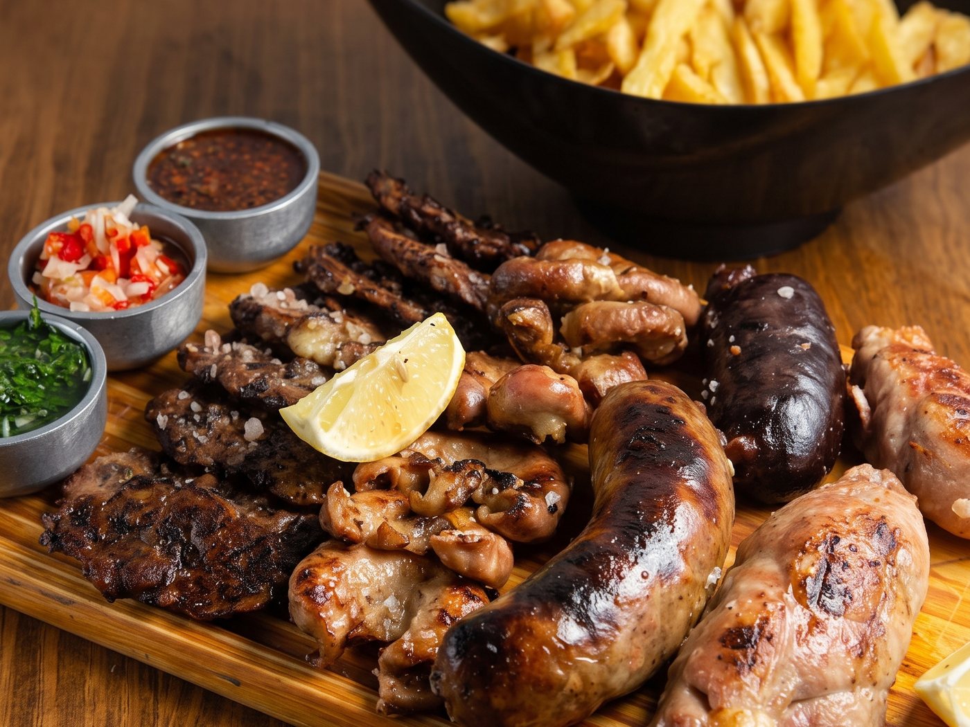 Tabla de carnes a la parrilla de Medio Perro: chorizo, morcilla, chinchulines, vacío y papas fritas