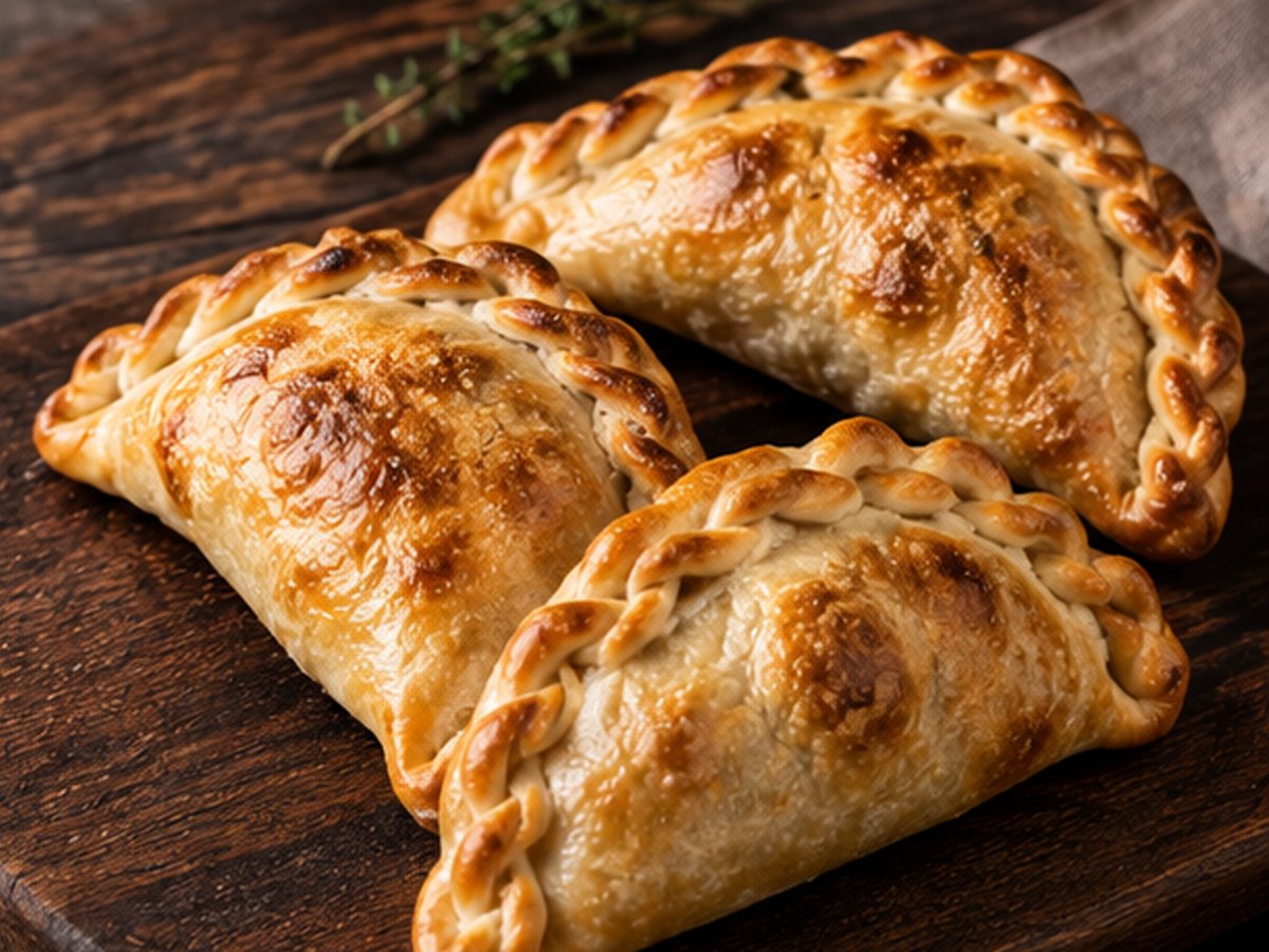 Empanadas de cordero de Medio Perro, doradas, sobre una tabla de madera