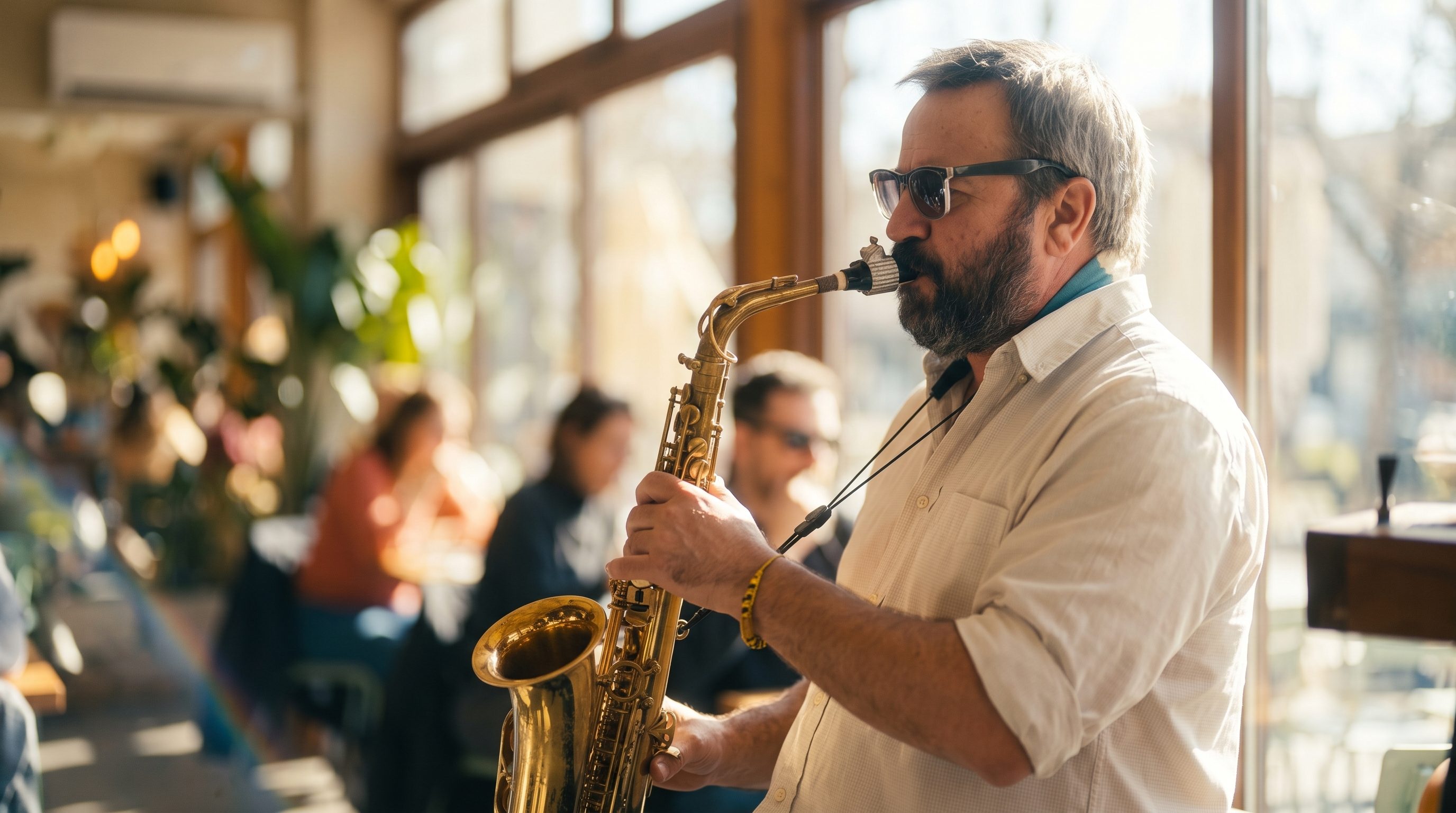Matías tocando el saxo en el salón de Medio Perro mientras la gente cena