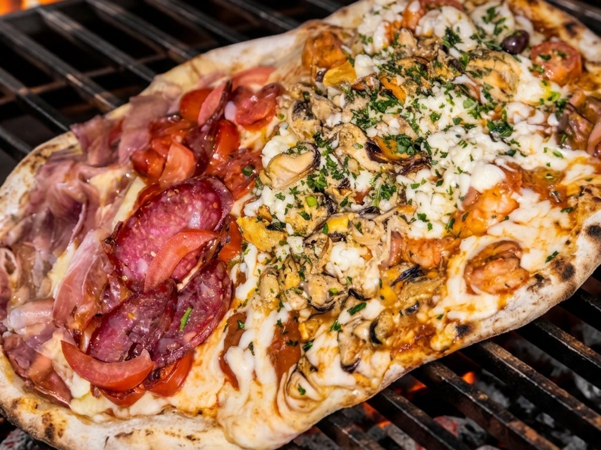 Pizza a la parrilla de Medio Perro, mitad con salame y mitad con hongos, sobre las brasas