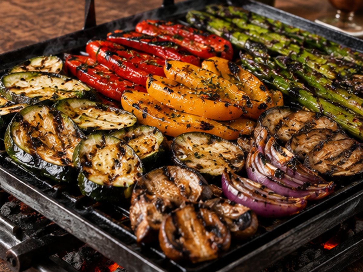 Parrillada de verduras de Medio Perro: morrones, berenjena, zucchini y cebolla a la brasa